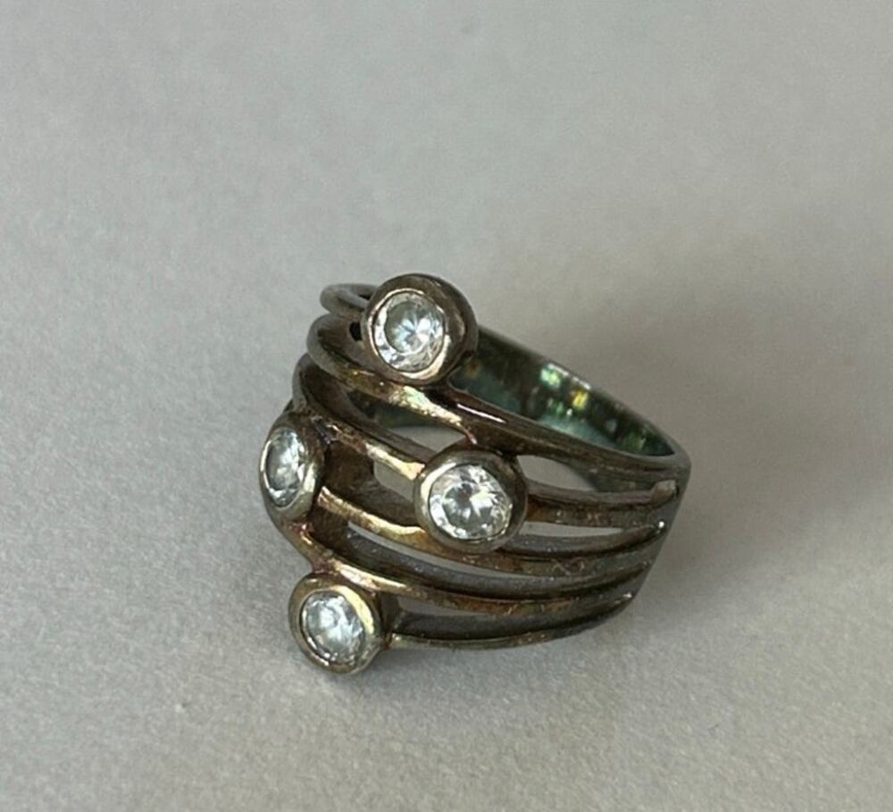 Silver-Tone Multi-Band Ring 4 Clear Stone Accents Size 6.5/7